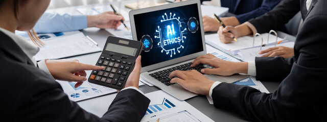AI ethics responsibility standard law and rules on computer screen provide report of AI ethic...