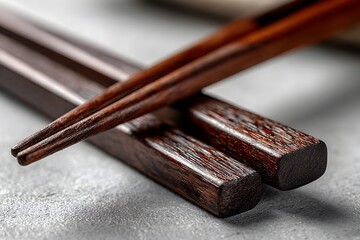 Elegant wooden chopsticks resting on a textured surface, highlighting culinary culture and dining aesthetics, space for text.