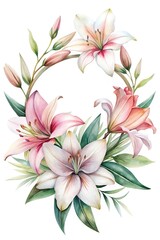 Fototapeta premium Elegant Watercolor Lily Wreath with Pastel Pink and White Petals, Green Leaves