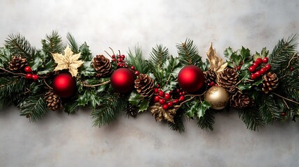 Festive Christmas garland with ornaments and greenery.