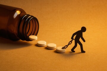 Stylized man chained to pills spilling from a pill bottle representing drug addiction