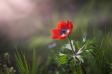A Single Red Anemone Flower Blooming Gracefully in a Field of Green
