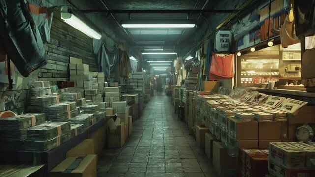 Flea market selling counterfeit goods. Piracy market.