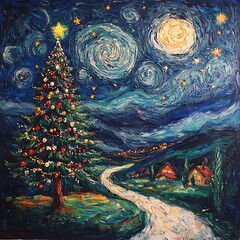 Christmas tree under a starry night sky, vibrant painting.