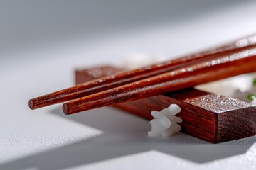 Elegant chopsticks resting on wooden holders, showcasing rich textures and colors, perfect for culinary presentation or dining themes.