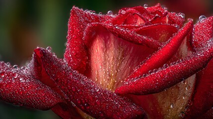 Vibrant red rose with dew droplets, lush green background, perfect for nature themes, floral design, and romantic contexts.