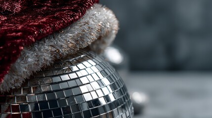 Hand reaching for shiny disco ball, sparkly reflections create a vibrant party vibe, perfect for festive event promotions.