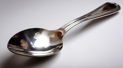 Shiny silver spoon, elegant design reflecting light, perfect for kitchen settings, adds sophistication to dining experience.