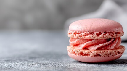 Delicious pink macaron on a marble surface, sweet dessert with creamy filling, perfect for showcasing culinary delights.