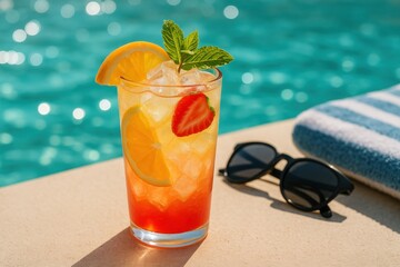 Obraz premium Colorful tropical drink with citrus and strawberry by a swimming pool, next to sunglasses and a towel. Concept of summer relaxation, poolside refreshment and vacation lifestyle