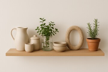 Fototapeta premium Minimalist wooden shelf with ceramic vessels, potted herbs, greenery and a decorative rope ring. Concept of Scandinavian interior, natural decor and cozy home styling
