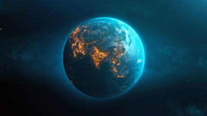 Panoramic view of the Earth, stars and galaxy. Planet Earth, view from space. Space fantasy. 3d illustration