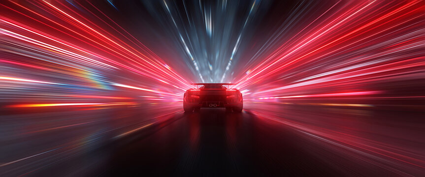 Rear view of a red sports car racing at high speed on neon highway. Power acceleration on a night track with colorful lights. Futuristic digital background. 3d concept of velocity and technology.