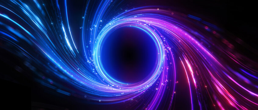Glowing swirling vortex of vibrant light trails in blue, purple and pink color on a dark background. Concept of big data, block chain and digital technology. Template with free copy space for text.