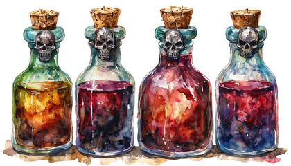 a watercolor painting depicts four antique glass bottles topped with sculpted skulls and filled with colorful, mysterious liquids.