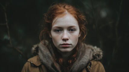 Realistic Portrait of a Young Redhead Girl in a Neutral Coat with a Serious Expression Outdoors