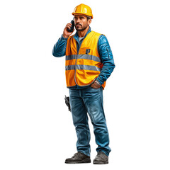 Construction worker in safety vest and helmet using a walkie-talkie, isolated on transparent background