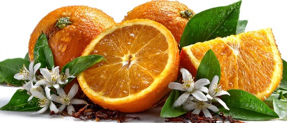 Fresh oranges with vibrant green leaves, juicy slices and aromatic blossoms, perfect for healthy recipes and vibrant displays.
