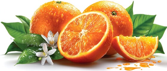 Fresh ripe oranges with green leaves, vibrant color, ideal for health themes, promoting citrus benefits, copy-space available.