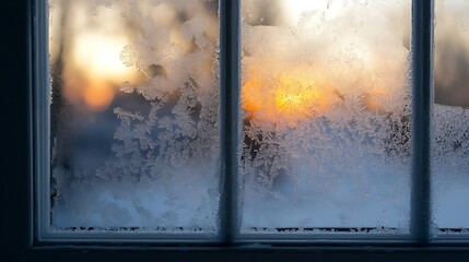 Frosty windowpane displays winter sunset.