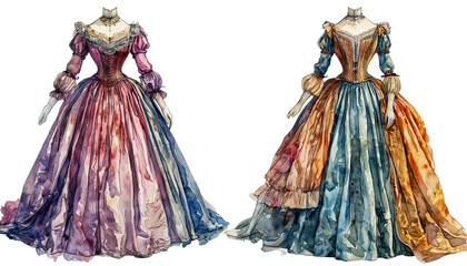 Obraz premium detailed watercolor illustrations showcase two elaborate victorian era ballgowns in shades of mauve and blue-green with orange accents.