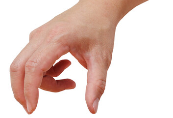 Closeup of Man hand reach to pickup or grab things isolated cutout in transparent background.