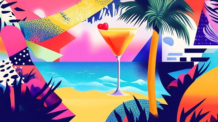 Colorful beach scene with vibrant cocktail.