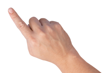 Closeup of man hand pointing his index finger to point on target isolated cutout in transparent background.
