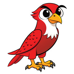Cartoon falcon with a red body, yellow beak and feet stands confidently alone