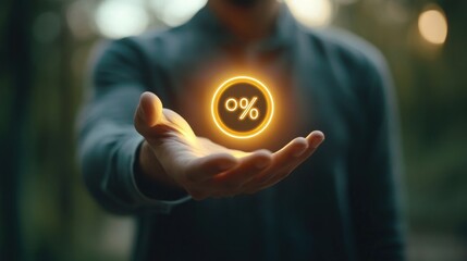 Hand holding glowing zero percent symbol against blurred background