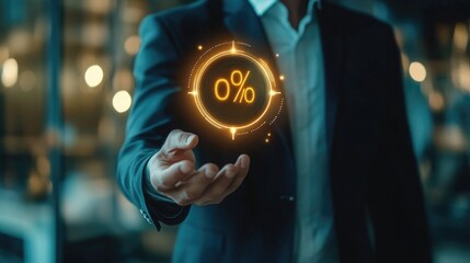 Businessman presenting glowing zero percent icon on his hand