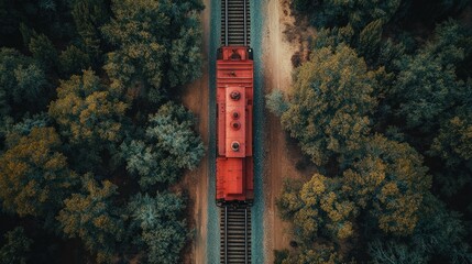 Red train car amidst forest