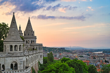 Naklejka premium Fishermen's Bastion in the sunset, Budapest cityscape, Hungary
