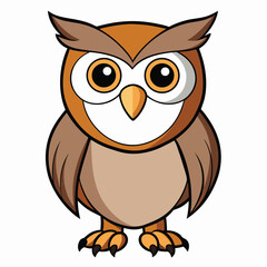 Cartoon owl stands calmly with its vibrant eyes, brown feathers and cute beak