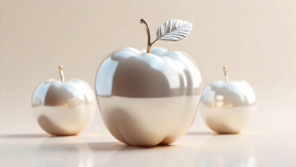 Still life of Apples in the form of baroque pearls, glossy pearl texture, silver pearlescent luster on pastel background