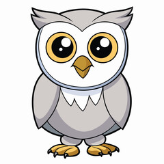 Cartoon light grey owl is looking forward with big golden eyes