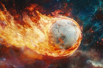 Fototapeta premium Highly visually impactful creative images. The theme of this photo is a soccer ball, with clear surface features and neat stitching. The soccer ball is surrounded by raging flames