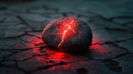Glowing rock with red cracks on cracked ground in the dark