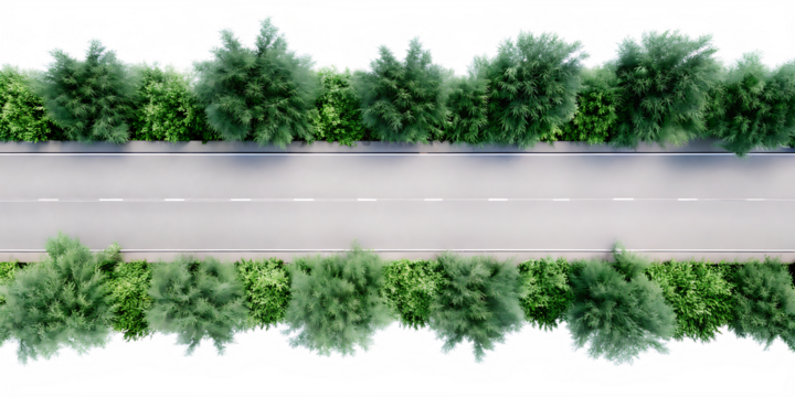 Aerial view of straight asphalt road isolated on white background PNG .AI GENERATED