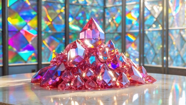 A pile of sparkling, pink crystals catches the light against a backdrop of vibrant stained glass, creating a mesmerizing, iridescent scene