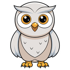 Cartoon owl character stands with big eyes and small feathers on a white backdrop
