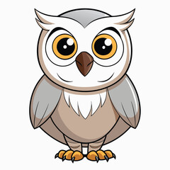 Cute cartoon owl with yellow eyes and brown beak is standing upright