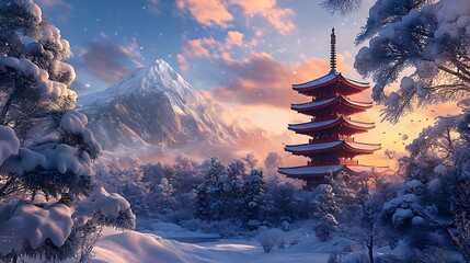 Winter wonderland scene with snow-covered pagoda.