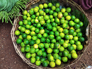Vibrant Fresh Green Lemons in Woven Basket Ready for Market Sale