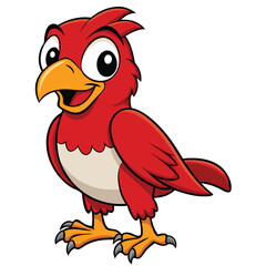 Red cartoon bird with orange beak and feet is standing on white