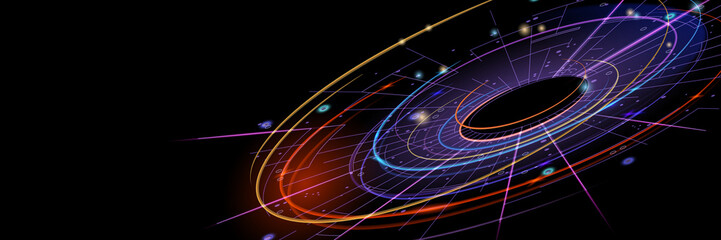 Offset glowing ring with light grid and radial beams on black background For technology presentations, AI concepts, and digital network interfaces.