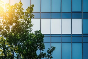Modern glass building facade with a lush tree