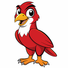 Cheerful red bird cartoon character stands smiling on a plain white backdrop looking forward