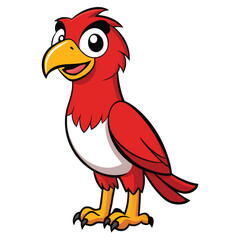 Cheerful cartoon red bird stands smiling with big eyes and yellow beak ready to fly
