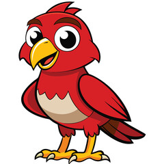 Cheerful red cartoon bird stands with a happy face and bright yellow beak
